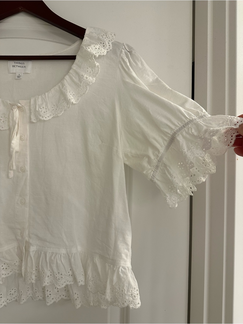 White Eyelet Ruffle Button-Front Blouse, Called to Surf - Picture 3 of 5